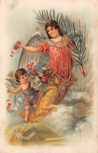 CHRISTMAS & NEW YEAR HOLIDAY ANGELS FLOWERS EMBOSSED POSTCARD 1906 PD