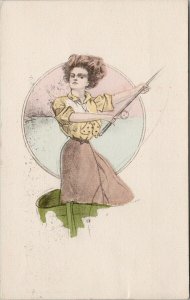 Woman Fishing from Boat Outdoors Female Fisherwoman Rod Reel c1911 Postcard F70