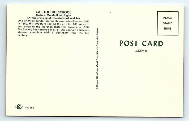 MARSHALL, Michigan MI ~ CAPITOL HILL SCHOOL c1970s Calhoun County Postcard