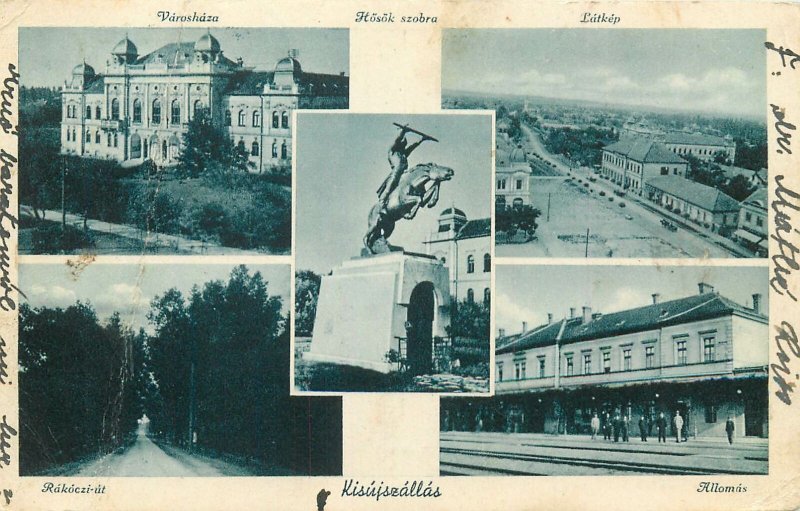 Postcard Hungary multi view statue latkep allomas varoshza architecture train