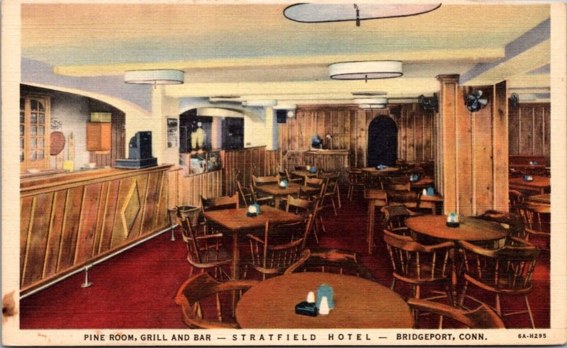 Linen Postcard Pine Room Grill Bar Stratfield Hotel in Bridgeport, Connecticut