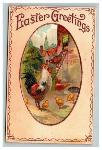 Vintage 1910's Easter Postcard Coop Rooster Hen and Cute Chicks Feeding