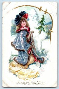 St. Paul MN Postcard New Year Pretty Girl Big Hat Snowman Embossed Tuck 1908