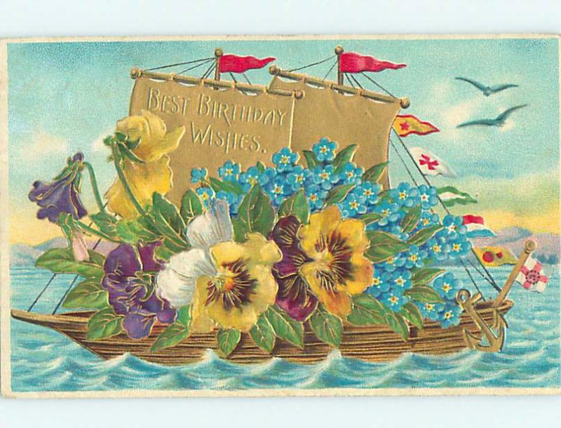 Pre-Linen fantasy nautical PANSY AND FORGET-ME-NOT FLOWERS ON BOAT HJ3737