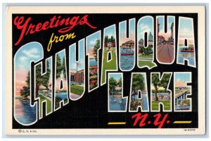 c1950's Greetings from Chautauqua NY Multiview Large Letters Black Postcard
