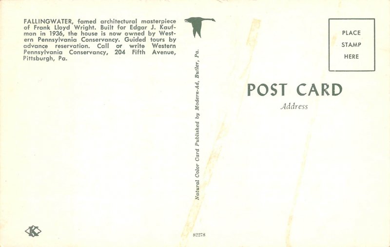 FALLINGWATER Frank Lloyd Wright House 1960s Postcard Pennsylvania