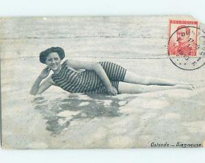 1918 foreign risque SEXY BATHING SUIT GIRL IN OSTEND BELGIUM HL8498