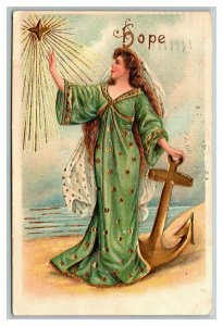 Vintage 1911 Greetings Postcard Beautiful Women Green Dress Gold Anchor Star
