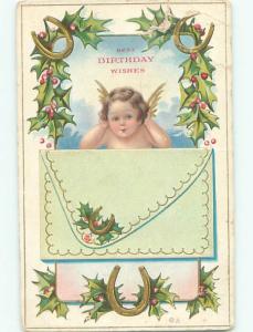 Pre-Linen CUPID WITH BIRTHDAY WISHES AND CHRISTMAS HOLLY AC4592