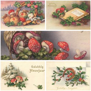 Drawn mushrooms New Year luck greetings Netherlands 1930s lot of 5 postcards