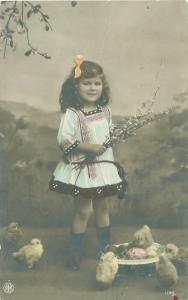 Little Girl with Chicks Hand-Tinted  Easter Real Photo Postcard Early 1900s