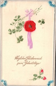 Vintage Postcard Greetings & Wishes Card Pink Ribbon Leaves Remembrance
