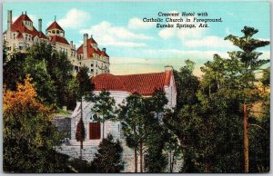 Eureka Springs Arkansas, Crescent Hotel, Catholic Church in Foreground, Postcard