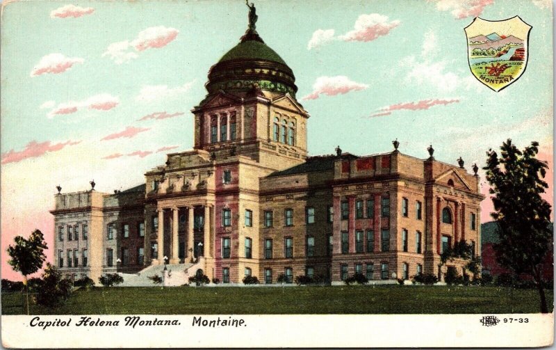 Capitol Building Helena Montana Montaine Landmark Statue Shield Postcard Unused 