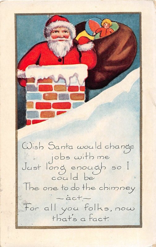 F99/ Santa Claus Christmas Postcard c1910 Chimney Toy Sack Snow 18