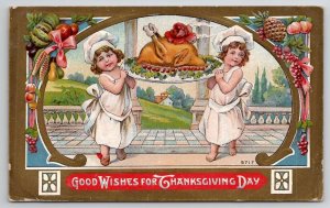 Thanksgiving Greetings Two Girl Chefs With Turkey Platter Postcard Z25