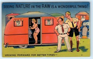 3 Postcards TRAILER COMICS ~ Risque & Outhouse Humor ca 1940s Linens