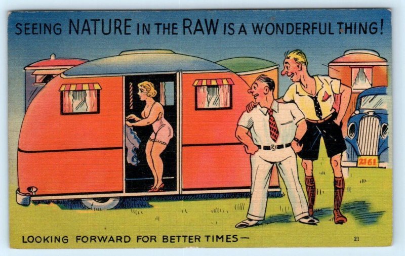 3 Postcards TRAILER COMICS ~ Risque & Outhouse Humor ca 1940s Linens