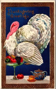 Thanksgiving Greetings Postcard Large White Turkey With Stand of Fruit