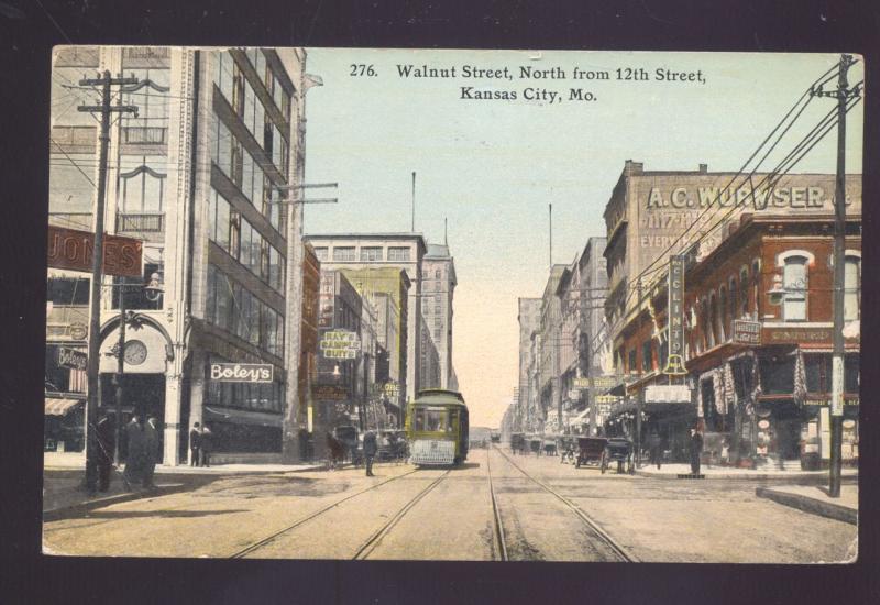 KANSAS CITY MISSOURI DOWNTOWN WALNUT STREET SCENE ANTIQUE VINTAGE POSTCARD MO.