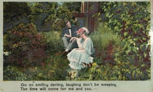 Vintage Postcard 1910's Go On Smiling Darling! Couple Lovers Sit on Grass Art