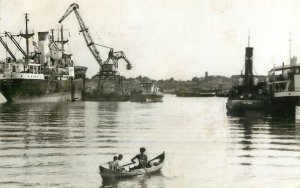 Sailing vessels navigation related postcard Romania Braila harbor crane cargobot