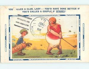 Bamforth comic signed WOMAN GOLFER ANNOYED AT CADDY'S COMMENTS HL3090