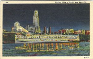 1940's Hudson River at Night, New York City Linen Postcard