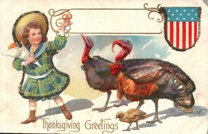 Thanksgiving Greetings Celebration Holiday Turkey Flag Vintage Postcard c1910