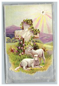 Vintage 1910's Easter Postcard Cute Lambs Field of Grass Silver Face White Cross