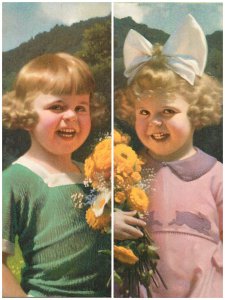 B580 Unit of 2 postcards adorable blonde girls with curls & yellow flowers 1926