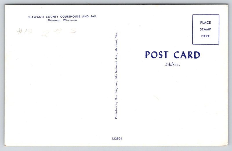 Shawano Wisconsin~County Courthouse Jail~US Flag~Fire Hydrant~1950s Postcard