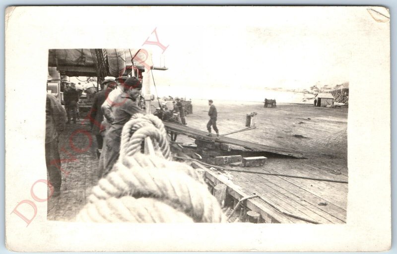 c1910s US Navy Ship Docked RPPC Cart Wood Deck Sailors Ramp Real Photo PC A127