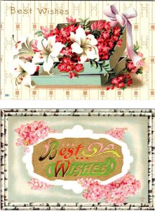 2~ca1910's Postcards BEST WISHES Embossed Greetings FLOWERS & RIBBON