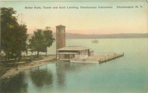 New York Chautauqua Miller Park Tower Boat Landing hand colored Postcard 22-4251