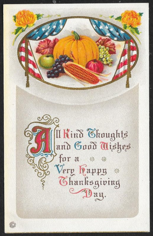 Thanksgiving All Kind Thoughts... Pumpkin Fruit & Flowers Unused c1910s