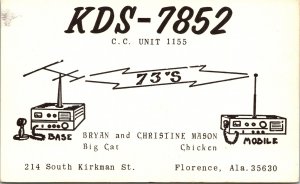 QSL Radio Postcard Alabama Florence KDS-7852 Big Cat & Chicken 1970s V188