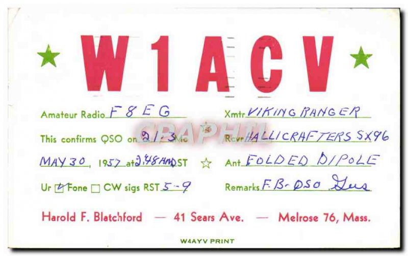 Postcard Old Telegraphie W1ACV Blatchford Harold Sears Mass Ave Melrose