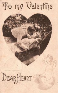 Vintage Postcard Dear Heart To My Valentine Greetings Sweet Couple Kissing Scene