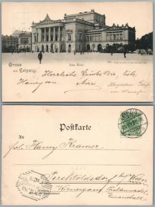 GRUSS AUS LEIPZIG GERMANY 1899 ANTIQUE POSTCARD w/ STAMP NEUES THEATER