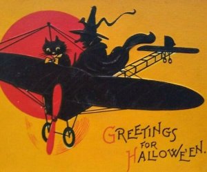 Halloween Postcard Gabriel Witch Pilot Black Cat Flying Plane Airplane Fantasy