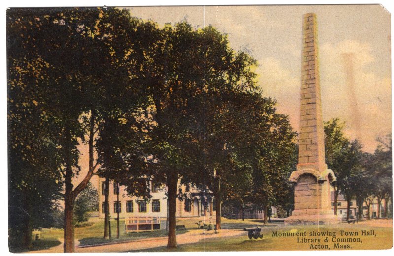 Acton, Mass, Monument showing Town Hall, Library & Common