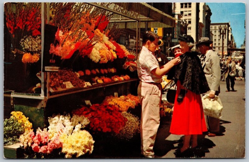 Vtg San Francisco California CA Street Flower Venders 1950s Street View Postcard