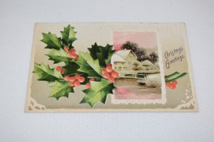 Christmas Greetings Holly Postcard Printed in Germany