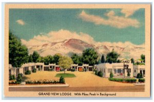 c1940s Grand View Lodge Pikes Peak Background Colorado Springs CO Trees Postcard