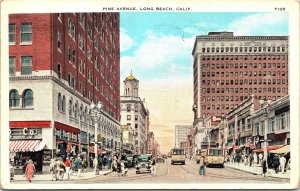 Postcard CA Long Beach Pine Avenue Streetcars Rexall Drug Store Shops 1930 V198