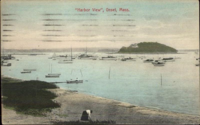 Onset Cape Cod MA Wickets Island Harbor & Woman on Beach c1910 Postcard