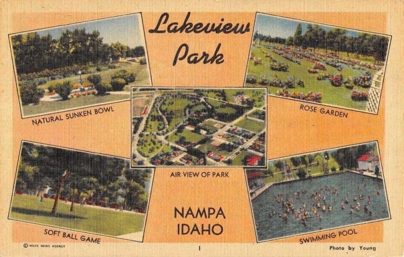 Nampa Idaho Lakeview Park Scene Multiview Linen Antique Postcard K23584