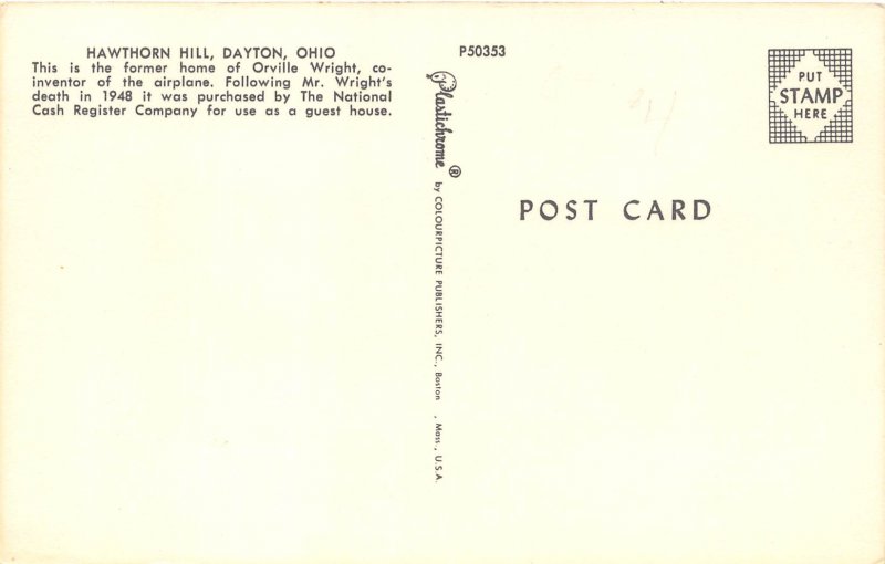 Dayton Ohio 1950s Postcard Hawthorn Hill Home of Orville Wright