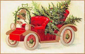 OPEN AUTOMOBILE DECORATED FOR CHRISTMAS-TREE-HOLLY-BELL~EMBOSSED POSTCARD